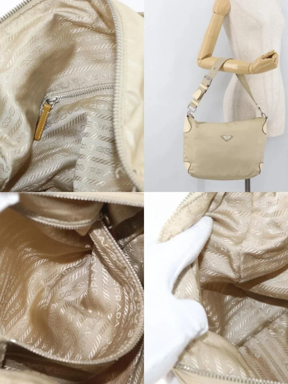 PRADA Shoulder Bag Nylon Beige Silver Auth ka4019